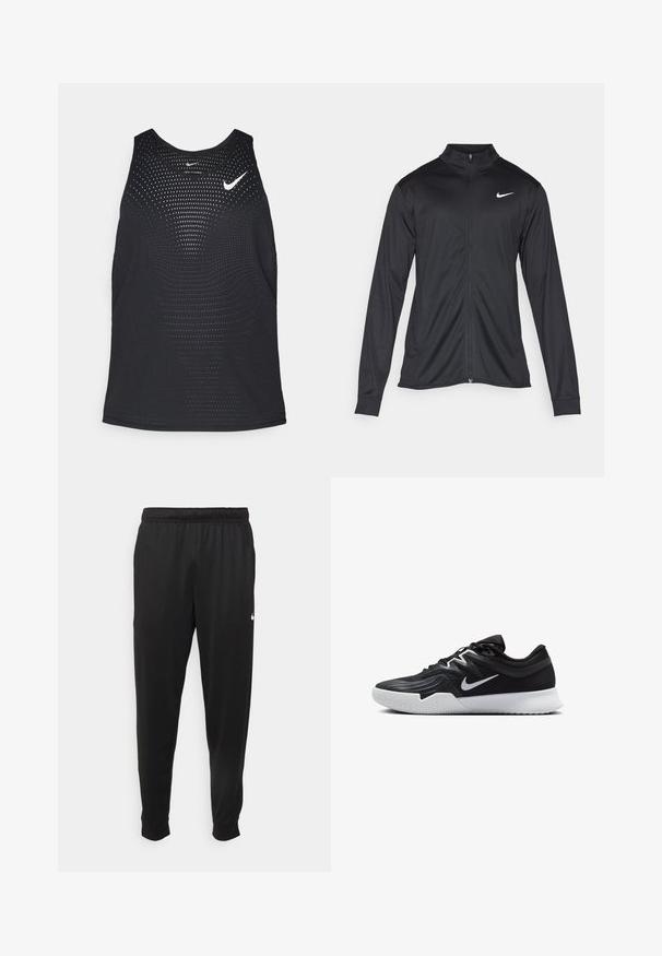 Juodas sportinis švarkas su ilgomis rankovėmis, apykakle ir pilnu užtrauktuku. Yra subtilus baltas Nike logotipas kairėje krūtinės pusėje. Lygus tekstūra.; Juodas sportinis maikutė su perforuota tekstūra ir apvalia apykakle. Ant krūtinės yra balta Nike logotipas.; Juodi sportiniai kelnės, pagamintos iš lygaus audinio, turinčios elastinę juosmenį, siaurėjantys sijonai ir mažas baltas logotipas kairėje pusėje.; Juodos sportinės bateliai su tekstūruota viršutine dalimi, balta Nike swoosh ir balta gumine išorine dalimi. Yra su raištelių užsegimo dizainu ir dinamine forma.