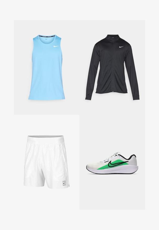 Jachetă sportivă neagră cu mâneci lungi, guler și fermoar complet. Prezintă un logo Nike subtil, alb, pe pieptul din stânga sus. Textură netedă.; Tricou fără mâneci, de culoare albastru ceresc, fabricat dintr-un material respirabil, cu un decolteu rotund și un mic logo alb Nike pe piept.; Pantaloni scurți albi de atletism realizați dintr-un material ușor, cu un brad elastic la talie, având două buzunare laterale și un mic logo negru pe tiv.; Pantof la sport alb cu un accent verde, logo negru, partea superioară din plasă, talpă căptușită și toc rotunjit. Dispune de șireturi și detalii în contrast.