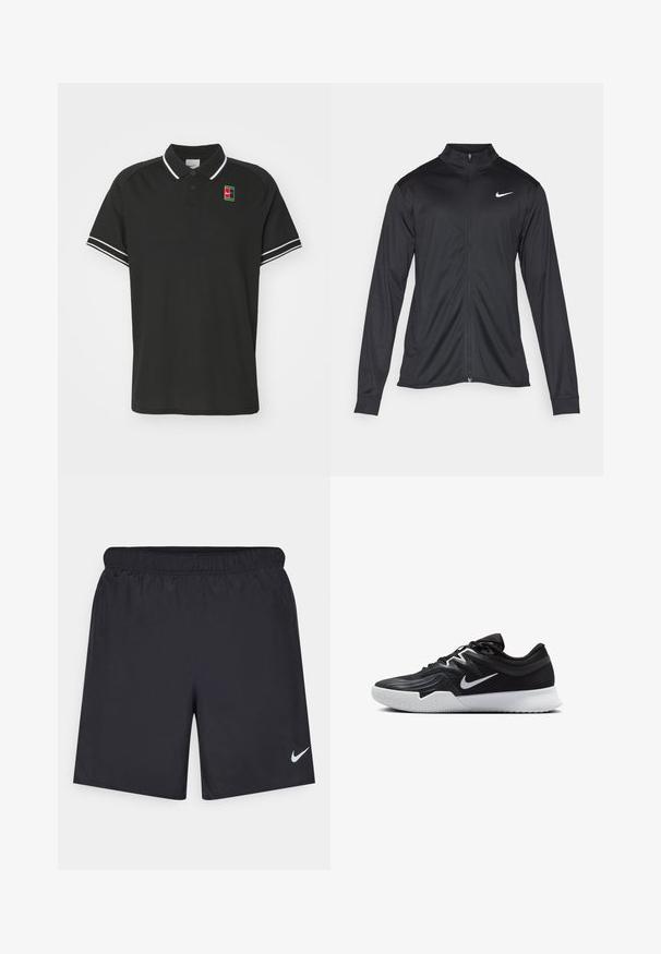 Černá sportovní bunda s dlouhými rukávy, límcem a plným zipem. Má decentní bílou logo značky Nike na horní levé části hrudi. Hladká textura.; Černé polo tričko s krátkým rukávem, strukturovaná tkanina, bílá pruhovaná akcenta na rukávech a vícebarevné logo na hrudi.; Černé sportovní šortky vyrobené z lehkého materiálu s elastickým pasem. Na spodní levé straně mají malé bílé logo Nike.; Černá atletická bota s texturovaným svrškem, bílým logem Nike a bílou gumovou podrážkou. Disponuje šněrovacím designem a dynamickým tvarem.