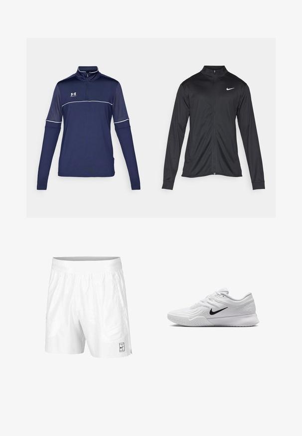 Črna atletska jakna z dolgimi rokavi, ovratnikom in polnim zadrgo. Vključuje diskreten bel Nike logotip na zgornjem levem delu prsnega koša. Gladka tekstura.; Mornarsko modra pulover s dolgimi rokavi in polno zadrgo, s belimi poudarki in mrežnim zgornjim delom. Narejen iz lahkotnega, zračnega materiala.; Bele športne kratke hlače iz lahkotnega materiala z elastičnim pasom, ki imajo dva stranska žepa in majhen črn logotip na robu.; Bela športna čeveljca z teksturiranim mrežastim zgornjim delom, črn Nike znak, oblazinjen ovratnik in gumijast podplat s profilom.