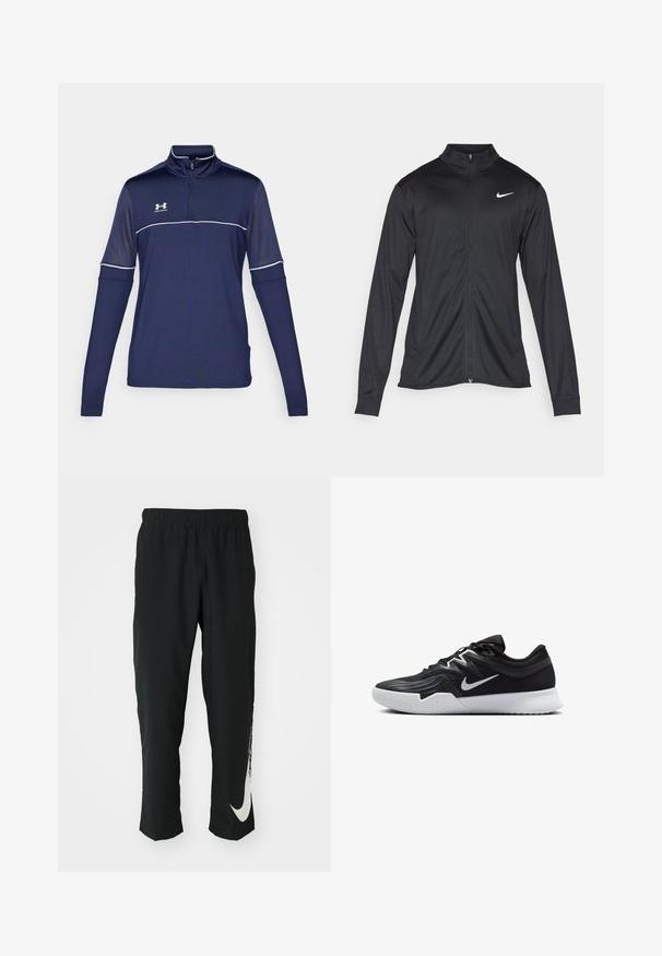 Fekete sportdzseki hosszú ujjal, gallérral és teljes cipzárral. Diszkrét fehér Nike logóval az upper bal mellen. Sima textúra.; Tengerészkék, hosszú ujjú pulóver félig cipzárral, fehér díszvarrással és hálós felső panellel. Könnyű, lélegző anyagból készült.; Fekete sportnadrág rugalmas derékpánttal, szűkített kialakítással, az előtérben egy nagy fehér Nike logóval a bal lábon. Puha, könnyű anyag.; Fekete sportcipő texturált felsőrésszel, fehér Nike logóval és fehér gumitalppal. Fűzős kialakítással és dinamikus formával rendelkezik.