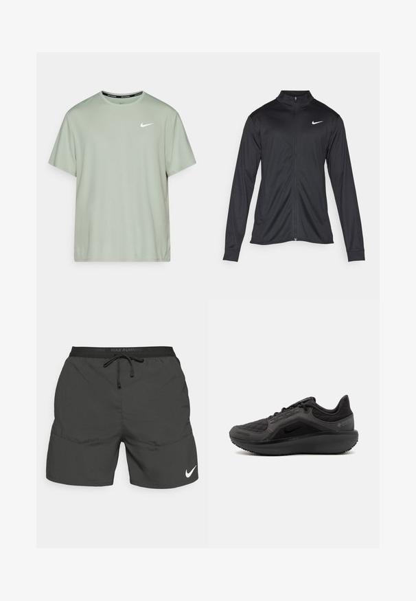 Must värvi sportlik jakk pikkade varrukatega, krae ja täispikk tõmblukk. Ülemises vasakus rinnas on diskreetne valge Nike logo. Sile tekstuur.; Nike Performance MILER - Spordi T-särk - jade horizon/reflective silver; Must mustad jooksuks mustad lühikesed püksid elastse vöökoha, nööriga, küljetaskutega ning valge Nike logo alumisel vasakul jalal.; Must have mustandusega mustad sportlikud jalanõud, millel on tekstuurne tikandiga ülemine osa, nutikas disain ja must kummist tallad. Omab nähtavat logo ning Gore-Tex brändingut.