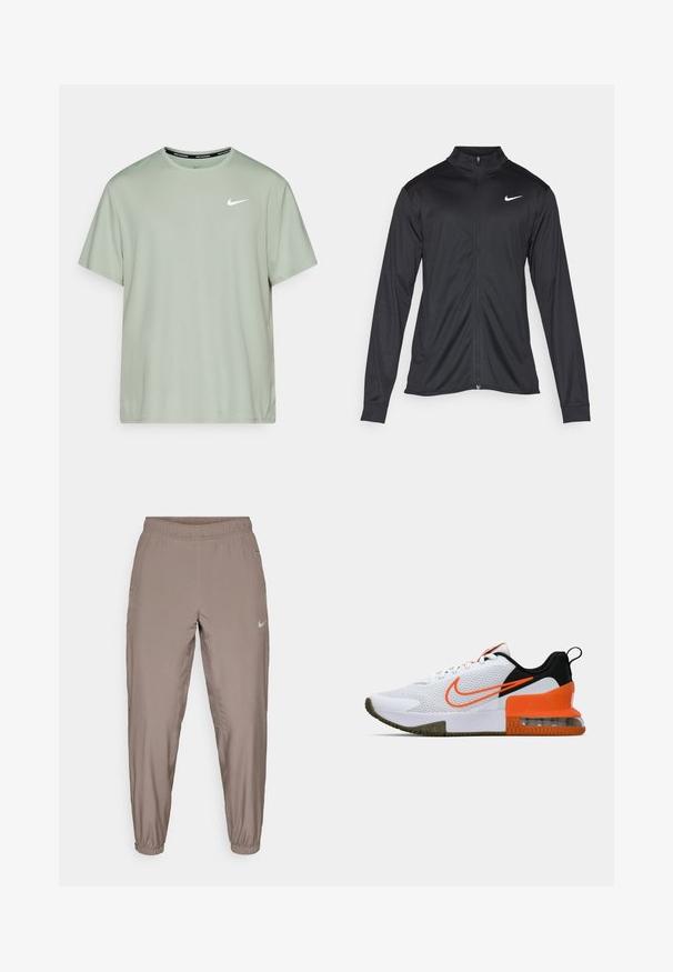Jachetă sportivă neagră cu mâneci lungi, guler și fermoar complet. Prezintă un logo Nike subtil, alb, pe pieptul din stânga sus. Textură netedă.; Nike Performance MILER - Bluză sport - jade horizon/reflective silver; Pantaloni sportivi Nike de culoare bej deschis, cu talie elastică, picioare tapered și buzunare laterale. Material neted, ușor.; Pantofii sport albi au un superior din plasă texturată, accente negre și portocalii, o talpă din cauciuc groasă și o secțiune de amortizare transparentă la călcâi.