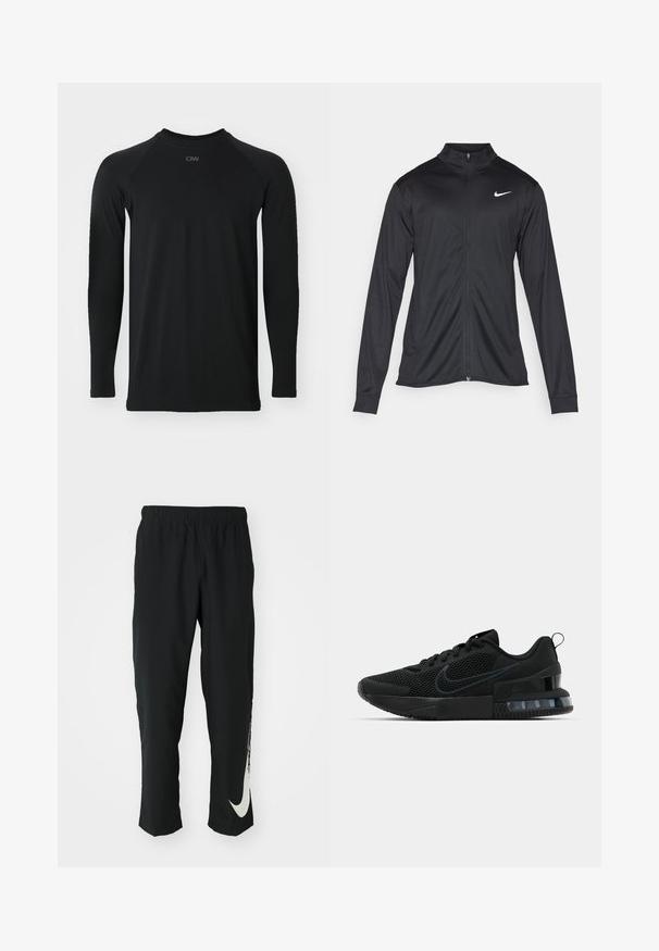 Zwarte sportjack met lange mouwen, kraag en volle rits. Voorzien van een subtiele Nike-logo in het wit op de bovenste linkerborst. Soepele textuur.; Zwarte lange mouwen shirt met ronde hals, gemaakt van glad, duurzaam stof; heeft raglanmouwen en subtiele tonale branding bij de halslijn.; Zwarte sportbroeken met elastische tailleband, taps toelopend ontwerp, met een groot wit Nike-logo op het linkerbeen. Zachte, lichte stof.; Zwarte Nike sneakers met een bovenwerk van mesh, een gestructureerde zool en een zichtbare luchtunit in de hiel. Accenten en logo in een donkerdere tint zwart.