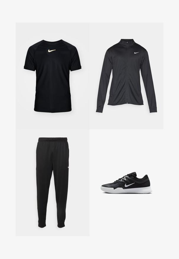 Chaqueta atlética negra con mangas largas, collar y cremallera completa. Presenta un sutil logo de Nike en blanco en la parte superior izquierda del pecho. Textura suave.; Camiseta deportiva negra de manga corta hecha de tejido sintético. Presenta un escote redondo y un logo dorado de Nike en el pecho. Textura suave.; Pantalones deportivos negros de tejido suave, con cintura elástica, perneras ajustadas y un pequeño logotipo blanco en el lado izquierdo.; Zapatilla deportiva negra con parte superior texturizada, logo de Nike en blanco y suela de goma blanca. Tiene un diseño con cordones y una forma dinámica.