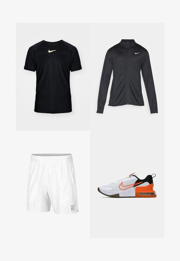 Juodas sportinis švarkas su ilgomis rankovėmis, apykakle ir pilnu užtrauktuku. Yra subtilus baltas Nike logotipas kairėje krūtinės pusėje. Lygus tekstūra.; Juodas trumpomis rankovėmis sportinis marškinėliai, pagaminti iš sintetinių medžiagų. Turi apvalią kaklo iškirptę ir auksinį Nike logotipą ant krūtinės. Lygi tekstūra.; Balti sportiniai šortai, pagaminti iš lengvos medžiagos, su elastinga juosta, su dviem šoninėmis kišenėmis ir mažu juodu logotipu ant apatinio krašto.; Baltas sportinis batas su tekstūruota tinkline viršutine dalimi, juodais ir oranžiniais akcentais, storu guminio pado sluoksniu ir AIr pagalvės skaidriąja dalimi kulne.