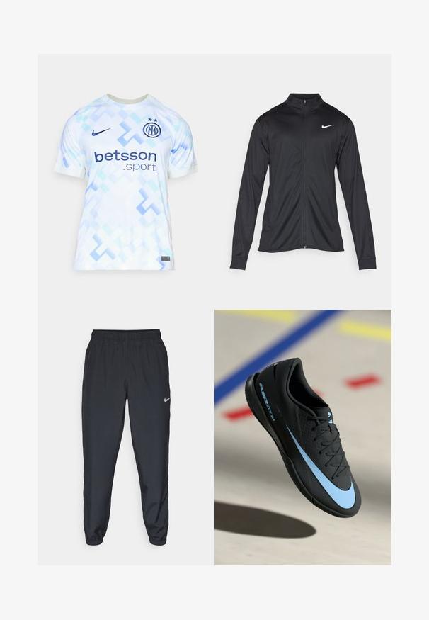 Schwarze Sportjacke mit langen Ärmeln, Kragen und voller Reißverschluss. Verfügt über ein dezentes Nike-Logo in Weiß auf der oberen linken Brust. Glatte Textur.; Weißes Fußballtrikot mit hellblauen geometrischen Mustern, runder Ausschnitt, kurzen Ärmeln und einem Logo sowie Sponsor in dunkelblau.; Schwarze Trainingshose aus einem leichten Stoff mit elastischem Bund, Knöchelabschlüssen und einem dezenten Nike-Logo auf der linken Seite.; Schwarzer Sportschuh mit blauen Akzenten, strukturierter Oberfläche, Schnürdesign und markantem Nike-Logo. Gummisohle mit Grip-Mustern.