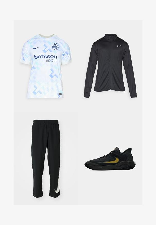 Veste de sport noire à manches longues, avec col et fermeture éclair intégrale. Présente un logo Nike subtil en blanc sur le côté supérieur gauche de la poitrine. Texture lisse.; Maillot de football blanc avec des motifs géométriques bleu clair, doté d'un col rond, de manches courtes et d'un logo et d'un sponsor en bleu foncé.; Pantalons de sport noirs avec une ceinture élastique, design fuselé, dotés d'un grand logo Nike blanc sur la jambe gauche. Tissu doux et léger.; Chaussure de sport noire et gris foncé avec des lacets noirs et un logo swoosh doré, présentant un design de semelle ondulée et un col de talon rembourré.