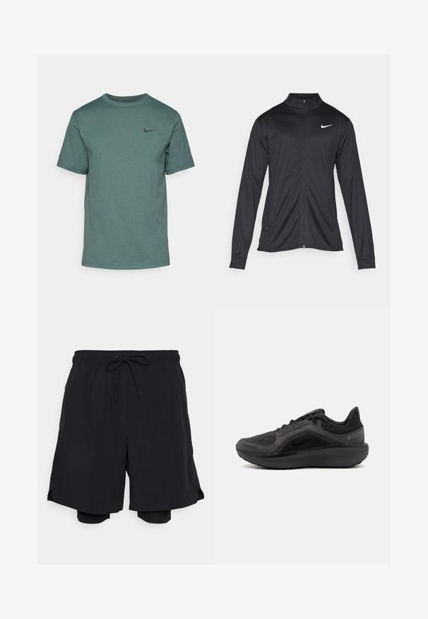 Giacca sportiva nera con maniche lunghe, colletto e zip completa. Presenta un logo Nike in bianco sulla parte superiore del lato sinistro del petto. Tessuto morbido.; Nike Performance HYVERSE - T-Shirt sport - vintage green/black; Pantaloni sportivi neri realizzati in tessuto leggero, con una vita elasticizzata dotata di cordino e un pantalone interno aderente.; Scarpa sportiva nera con tomaia trapuntata testurizzata, design elegante e suola in gomma nera. Presenta un logo visibile e il marchio Gore-Tex.