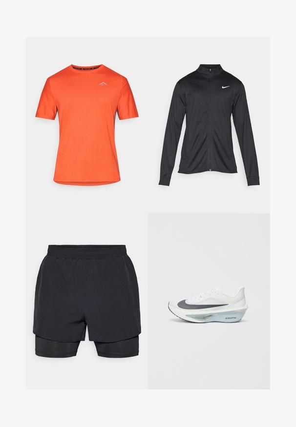 Jacket desportivo preto com mangas longas, colarinho e fecho zip completo. Apresenta um discreto logotipo da Nike em branco na parte superior do lado esquerdo do peito. Textura suave.; T-shirt atlético de manga curta laranja brilhante com decote redondo e pequeno logótipo azul claro no lado esquerdo do peito, em fundo branco.; Calções atléticos pretos com um cós elástico, design em camadas e um forro ajustado. Textura suave, projetados para conforto.; Sapatilha atlética branca com parte superior em malha cinza, entressola em espuma ZoomX azul e sola curvada para maior propulsão e conforto.