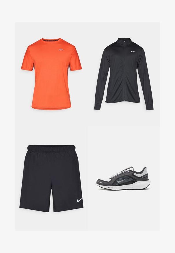 Črna atletska jakna z dolgimi rokavi, ovratnikom in polnim zadrgo. Vključuje diskreten bel Nike logotip na zgornjem levem delu prsnega koša. Gladka tekstura.; Svetlo oranžna kratkotrajna športna majica s kratkimi rokavi in krožnim izrezom ter majhnim svetlobno modrim logotipom na levem prsnem delu, v nasprotju z belo podlago.; Črne atletske kratke hlače iz lahkotnega materiala z elastičnim pasom. Imajo majhen bel Nike logo na spodnji levi strani.; Črne in sive atletske čevlje z mrežasto zgornjim delom, odsevnimi detajli in belim srednjim podplatom. Imajo strukturiran gumijast podplat in vezalke.
