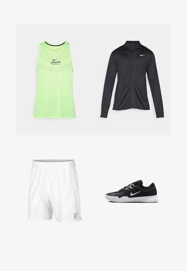 Black athletic jacket with long sleeves, collar, and full zipper. Features a subtle Nike logo in white on the upper left chest. Smooth texture.; Nike tank top in bright yellow-green, featuring a mesh design, round neckline, and "LONDON" print with marathon distance details.; White athletic shorts made of lightweight fabric with an elastic waistband, featuring two side pockets and a small black logo on the hem.; Black athletic shoe with a textured upper, white Nike swoosh, and a white rubber outsole. Features a lace-up design and dynamic shape.