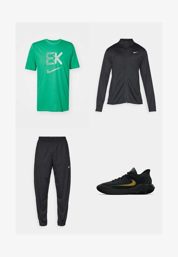 Jacket desportivo preto com mangas longas, colarinho e fecho zip completo. Apresenta um discreto logotipo da Nike em branco na parte superior do lado esquerdo do peito. Textura suave.; Nike Performance TEE KIPCHOGE - T-shirt desportiva - stadium green; Calças de atletismo pretas com um cós elástico, pernas afuniladas e um pequeno logo branco da Nike na coxa esquerda. Tecido liso, sem padrões.; Tênis atlético preto e cinza escuro com cadarços pretos e logotipo swoosh dourado, apresentando um design de sola ondulada e colarinho acolchoado no calcanhar.