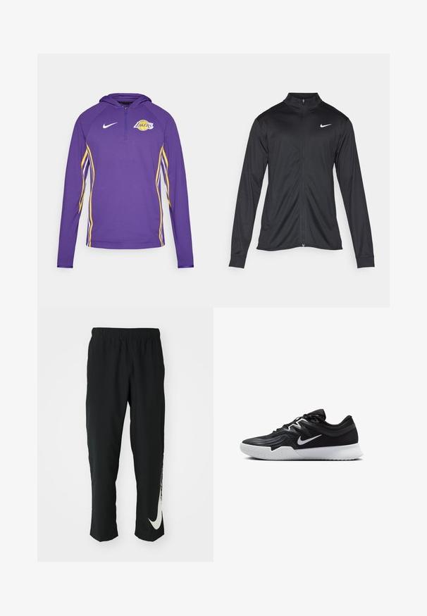 Giacca sportiva nera con maniche lunghe, colletto e zip completa. Presenta un logo Nike in bianco sulla parte superiore del lato sinistro del petto. Tessuto morbido.; Felpa a maniche lunghe viola con cappuccio, caratterizzata da strisce gialle ai lati e logo dei Lakers, con colletto a mezza zip e texture per traspirabilità.; Pantaloni sportivi neri con cintura elasticizzata, design affusolato, caratterizzati da un grande logo Nike bianco sulla gamba sinistra. Tessuto morbido e leggero.; Scarpa sportiva nera con tomaia testurizzata, logo Nike swoosh bianco e suola in gomma bianca. Presenta un design con lacci e una forma dinamica.