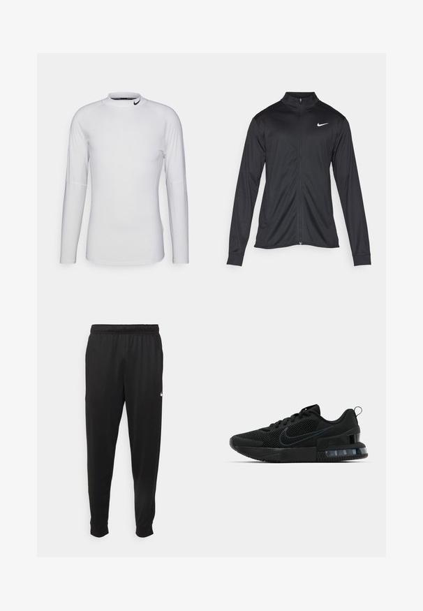 Juodas sportinis švarkas su ilgomis rankovėmis, apykakle ir pilnu užtrauktuku. Yra subtilus baltas Nike logotipas kairėje krūtinės pusėje. Lygus tekstūra.; Ilga rankovė, balta sportinė marškinė, pagaminta iš lygaus, tamprių audinių. Pasižymi aukštu kaklu ir juodu Nike logotipu ant apykaklės.; Juodi sportiniai kelnės, pagamintos iš lygaus audinio, turinčios elastinę juosmenį, siaurėjantys sijonai ir mažas baltas logotipas kairėje pusėje.; Juodas Nike sportinis batas su tinklo viršumi, guminėmis padais, paminkštintu apykakle ir išskirtiniu skaidriu kulno akcentu.