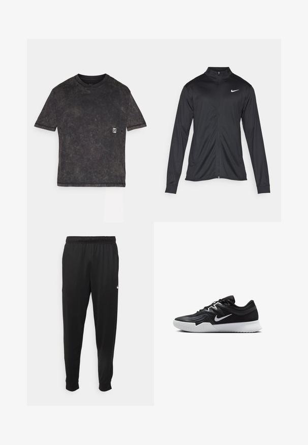 Chaqueta atlética negra con mangas largas, collar y cremallera completa. Presenta un sutil logo de Nike en blanco en la parte superior izquierda del pecho. Textura suave.; Camiseta negra de manga corta hecha de tela texturizada, con un pequeño logo en el lado izquierdo del pecho. Corte casual con un aspecto ligeramente desgastado.; Pantalones deportivos negros de tejido suave, con cintura elástica, perneras ajustadas y un pequeño logotipo blanco en el lado izquierdo.; Zapatilla deportiva negra con parte superior texturizada, logo de Nike en blanco y suela de goma blanca. Tiene un diseño con cordones y una forma dinámica.