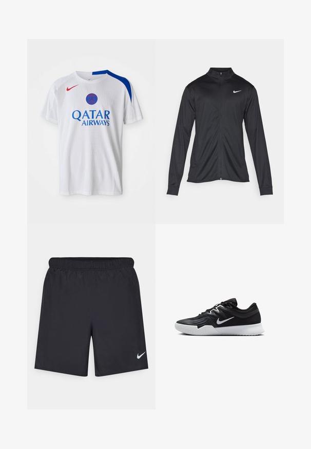 Sort atletisk jakke med lange ærmer, krave og fuld lynlås. Har et diskret Nike-logo i hvidt på den øverste venstre side af brystet. Glat tekstur.; Hvid Nike T-shirt med blå accenter på skuldrene, rød logo og "QATAR AIRWAYS" trykt i blå på fronten. Tekstureret stof.; Sorte atletiske shorts lavet af letvægtsmateriale med en elastisk talje. Har et lille hvidt Nike-logo i nederste venstre hjørne.; Sort atletiksko med en tekstureret overdel, hvid Nike swoosh og en hvid gummisål. Har en snørret design og dynamisk form.