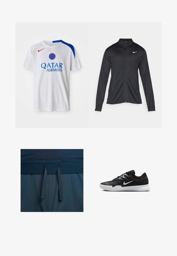 Sort atletisk jakke med lange ærmer, krave og fuld lynlås. Har et diskret Nike-logo i hvidt på den øverste venstre side af brystet. Glat tekstur.; Hvid Nike T-shirt med blå accenter på skuldrene, rød logo og "QATAR AIRWAYS" trykt i blå på fronten. Tekstureret stof.; Mørkeblå atletikshorts med en glat talje, justerbare snøringer og et struktureret stof.; Sort atletiksko med en tekstureret overdel, hvid Nike swoosh og en hvid gummisål. Har en snørret design og dynamisk form.