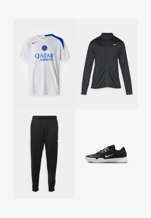 Juodas sportinis švarkas su ilgomis rankovėmis, apykakle ir pilnu užtrauktuku. Yra subtilus baltas Nike logotipas kairėje krūtinės pusėje. Lygus tekstūra.; Baltas „Nike“ marškinėliai su mėlynais akcentais ant pečių, raudonas logotipas ir ant priekio mėlynuoju šriftu užrašyta „QATAR AIRWAYS“. Tekstūruota medžiaga.; Juodi sportiniai kelnės, pagamintos iš lygaus audinio, turinčios elastinę juosmenį, siaurėjantys sijonai ir mažas baltas logotipas kairėje pusėje.; Juodos sportinės bateliai su tekstūruota viršutine dalimi, balta Nike swoosh ir balta gumine išorine dalimi. Yra su raištelių užsegimo dizainu ir dinamine forma.