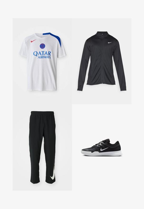 Juodas sportinis švarkas su ilgomis rankovėmis, apykakle ir pilnu užtrauktuku. Yra subtilus baltas Nike logotipas kairėje krūtinės pusėje. Lygus tekstūra.; Baltas „Nike“ marškinėliai su mėlynais akcentais ant pečių, raudonas logotipas ir ant priekio mėlynuoju šriftu užrašyta „QATAR AIRWAYS“. Tekstūruota medžiaga.; Juodos sportinės kelnės su elastingu juosmeniu, siaurėjančiu dizainu ir dideliu baltu Nike logotipu ant kairiojo kojos. Minkšta, lengva medžiaga.; Juodos sportinės bateliai su tekstūruota viršutine dalimi, balta Nike swoosh ir balta gumine išorine dalimi. Yra su raištelių užsegimo dizainu ir dinamine forma.