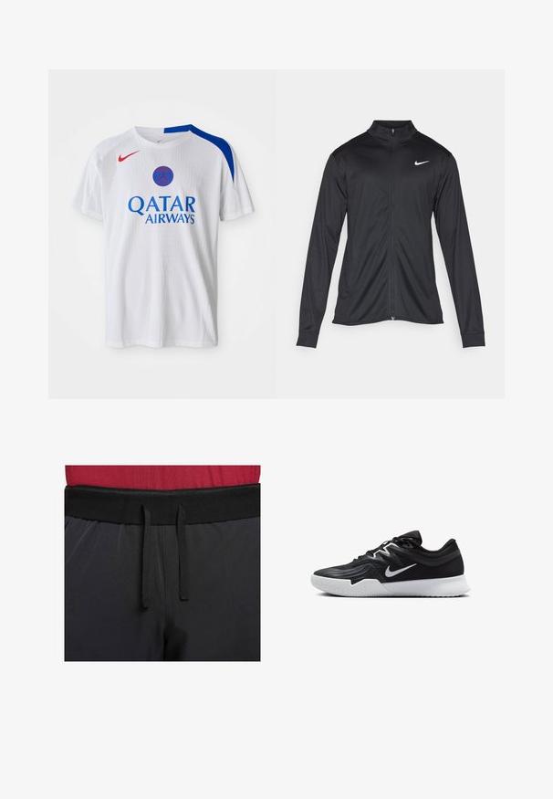 Musta urheilutakki pitkillä hihoilla, kauluksella ja kokonaisella vetoketjulla. Täydentää hienovarainen Nike-logo valkoisena vasemmassa ylärinnassa. Litteä pinta.; Valkoinen Nike T-paita, jossa on sinisiä yksityiskohtia olkapäillä, punainen logo ja "QATAR AIRWAYS" -teksti painettuna sinisellä etupuolella. Rakenne kangasta.; Musta urheiluhousuissa on leveä vyötärö, jossa on ulkoinen kiristysnauha. Kangas on sileä, hieman kiiltävä eikä siinä ole näkyviä kuvioita.; Musta urheilukenkä, jossa on teksturoitu päällinen, valkoinen Nike-tikkaus ja valkoinen kumipohja. Kenkässä on nauhakuji ja dynaaminen muoto.