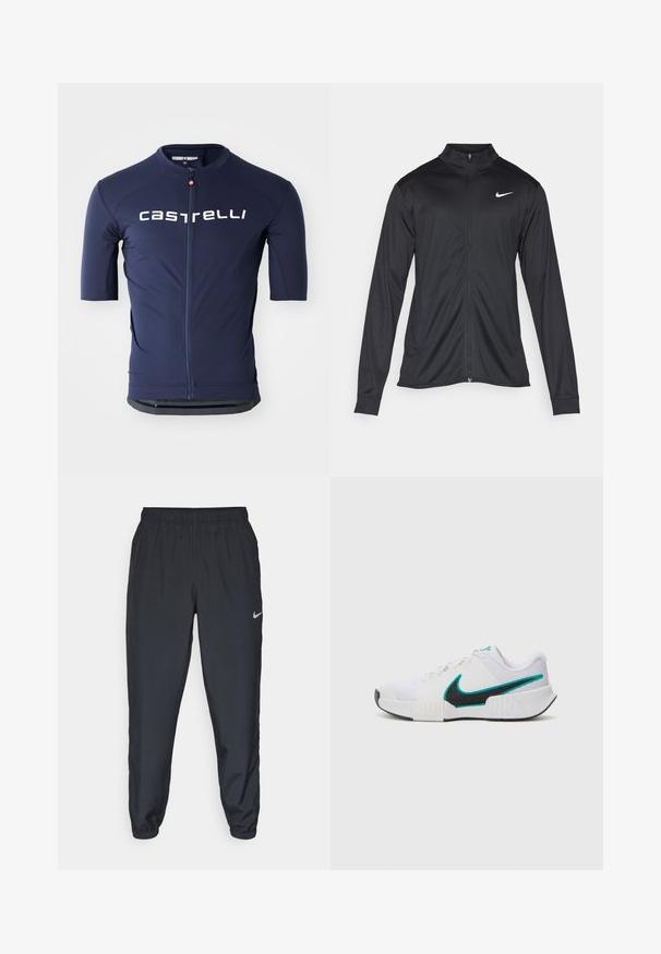 Veste de sport noire à manches longues, avec col et fermeture éclair intégrale. Présente un logo Nike subtil en blanc sur le côté supérieur gauche de la poitrine. Texture lisse.; Maillot de cyclisme bleu marine à manches courtes avec une fermeture éclair à l'avant et le logo "castelli" en blanc. Fabriqué en tissu lisse et extensible pour le confort.; Pantalon de jogging noir en tissu léger avec une ceinture élastique, des poignets aux chevilles et un logo Nike discret sur le côté gauche.; Chaussure de sport blanche avec une tige en mesh texturé, semelle en caoutchouc noire et accent en teal sur le logo Nike. Équipée de lacets et d'un col rembourré.