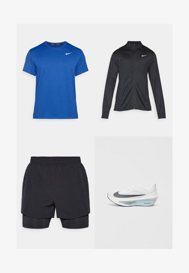 Must värvi sportlik jakk pikkade varrukatega, krae ja täispikk tõmblukk. Ülemises vasakus rinnas on diskreetne valge Nike logo. Sile tekstuur.; Sinine lühikeste varrukatega T-särk, mis on valmistatud pehmest ja tekstureeritud kangast. Omab ümmargust kaelust ja väikest valget Nike logo vasakul rinnal.; Mustad mustetrikud elastse vöökoha, kihilise disaini ja sobiva sisekattega. Sile tekstuur, loodud mugavuseks.; Valge sportlik king, millel on hall võrgusilm ülemine osa, sinine ZoomX vaht keskmine tald ja kumer välispinna disain, mis tagab parema tõuke ja mugavuse.