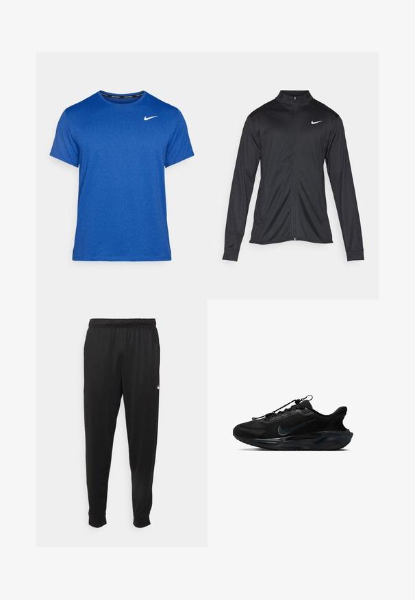 Jacket desportivo preto com mangas longas, colarinho e fecho zip completo. Apresenta um discreto logotipo da Nike em branco na parte superior do lado esquerdo do peito. Textura suave.; T-shirt azul de manga curta feito de um tecido macio e texturizado. Apresenta um decote redondo e um pequeno logótipo branco da Nike no peito superior esquerdo.; Calças de desporto pretas feitas de tecido suave, com uma cintura elástica, pernas ajustadas e um pequeno logo branco no lado esquerdo.; Sapatos atléticos pretos com um cabedal em malha texturizada, detalhes suaves e um logótipo Nike distinto. Apresenta uma sola acolchoada e cordões elásticos.