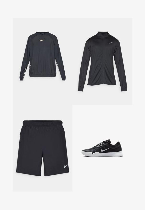 Schwarze Sportjacke mit langen Ärmeln, Kragen und voller Reißverschluss. Verfügt über ein dezentes Nike-Logo in Weiß auf der oberen linken Brust. Glatte Textur.; Schwarzer langärmeliger Pullover mit Rundhalsausschnitt, der ein goldenes Nike-Logo und weiße Seitenstreifen aufweist. Hergestellt aus leichtem, glattem Material.; Schwarze sportliche Shorts aus leichtem Material mit einem elastischen Bund. Auf der unteren linken Seite befindet sich ein kleines weißes Nike-Logo.; Schwarzer Sportschuh mit strukturiertem Obermaterial, weißem Nike-Warenzeichen und einer weißen Gummisohle. Verfügt über ein Schnürdesign und eine dynamische Form.