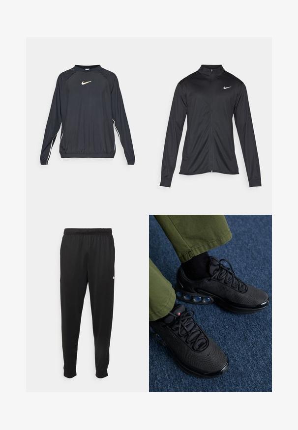 Jacket desportivo preto com mangas longas, colarinho e fecho zip completo. Apresenta um discreto logotipo da Nike em branco na parte superior do lado esquerdo do peito. Textura suave.; Pulôver preto de mangas longas com decote redondo, apresentando o logótipo dourado da Nike e riscas brancas nas laterais. Feito de um tecido leve e suave.; Calças de desporto pretas feitas de tecido suave, com uma cintura elástica, pernas ajustadas e um pequeno logo branco no lado esquerdo.; Sapatos de desporto pretos com parte superior em malha, superfície texturizada e cápsulas de amortecimento de ar visíveis. Combinados com calças verde-oliva e meias pretas.