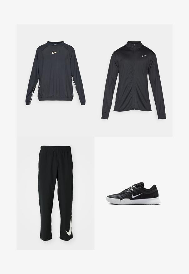 Black athletic jacket with long sleeves, collar, and full zipper. Features a subtle Nike logo in white on the upper left chest. Smooth texture.; Black long-sleeve pullover with a round neckline, featuring a gold Nike logo and white side stripes. Made of lightweight, smooth fabric.; Black athletic pants with elastic waistband, tapering design, featuring a large white Nike logo on the left leg. Soft, lightweight fabric.; Black athletic shoe with a textured upper, white Nike swoosh, and a white rubber outsole. Features a lace-up design and dynamic shape.