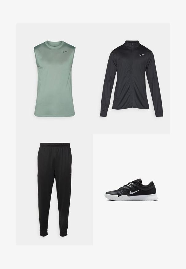 Czarna sportowa kurtka z długimi rękawami, kołnierzem i pełnym zamkiem. Posiada subtelne logo Nike w białym kolorze na lewej górnej części klatki piersiowej. Gładka tekstura.; Bez rękawów koszulka sportowa w miękkim zielonym materiale o gładkiej strukturze. Posiada okrągły dekolt i małe czarne logo Nike na piersi.; Czarne sportowe spodnie wykonane z gładkiego materiału, z elastycznym pasem, zwężanymi nogawkami i małym białym logo po lewej stronie.; Czarne buty sportowe z teksturowaną cholewką, białym logo Nike i białą gumową podeszwą. Charakteryzują się sznurowanym zapięciem i dynamicznym kształtem.