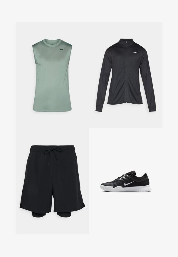 Zwarte sportjack met lange mouwen, kraag en volle rits. Voorzien van een subtiele Nike-logo in het wit op de bovenste linkerborst. Soepele textuur.; Mouwloos sportshirt van zacht groen stof met een gladde textuur. Heeft een ronde halslijn en een klein zwart Nike-logo op de borst.; Zwarte sportshorts van lichtgewicht stof, met een elastische tailleband en trekkoord, en een aansluitende binnenbroek.; Zwarte sportieve schoen met een gestructureerde bovenkant, witte Nike swoosh en een witte rubberen zool. Beschikt over een veterontwerp en een dynamische vorm.