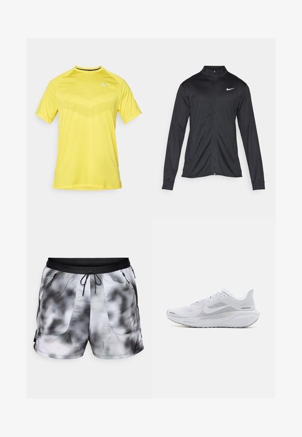 Melna sporta jaka ar garām piedurknēm, apkakli un pilnu rāvējslēdzēju. Uz kreisā krūts augšdaļas ir maigs Nike logo baltā krāsā. Gluda tekstūra.; Dzeltena sporta īsās piedurknes T-krekls ar acu rakstu priekšpusē un apaļu kakla izgriezumu. Uz krūtīm ir neliela balta logo.; Vīriešu sporta šorti melnbaltā šķiedrainajā dizainā. Izgatavoti no viegla, elpojoša auduma, ar divām kabatām ar rāvējslēdzēju un auklu jostasvietā.; Baltā sporta apava ar sieta augšdaļu, gludām tekstūras aplikācijām, pelēkiem akcentiem, šņorēm un amortizētu zoli, kas izstrādāta veiktspējai.