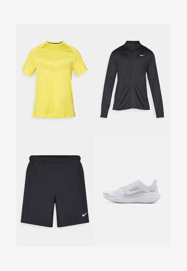 Svart idrottsjacka med långa ärmar, krage och full dragkedja. Har en diskret Nike-logga i vitt på övre vänstra bröstet. Slät yta.; Gul atletisk t-shirt med kort ärm och ett mesh-mönster över framsidan samt rund halsringning. Har en liten vit logotyp på bröstet.; Svarta träningsshorts gjorda av lätt material med elastisk midja. Har en liten vit Nike-logotyp på nedre vänstra sidan.; Vit sportskor med ovandel i mesh, släta texturerade överlager, grå accenter, snören och en vadderad sula designad för prestanda.