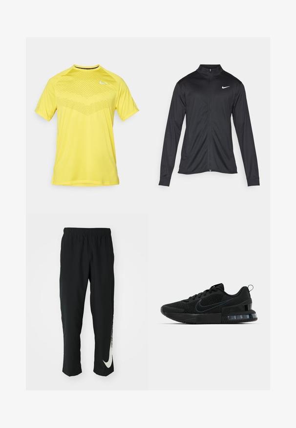 Svart idrottsjacka med långa ärmar, krage och full dragkedja. Har en diskret Nike-logga i vitt på övre vänstra bröstet. Slät yta.; Gul atletisk t-shirt med kort ärm och ett mesh-mönster över framsidan samt rund halsringning. Har en liten vit logotyp på bröstet.; Svarta träningsbyxor med elastisk midja, avsmalnande design, med en stor vit Nike-logotyp på vänster ben. Mjuk, lättviktig tyg.; Svart Nike sportskor med ovandel i nät, gummisula, vadderad krage och en distinkt transparent hälaccents.