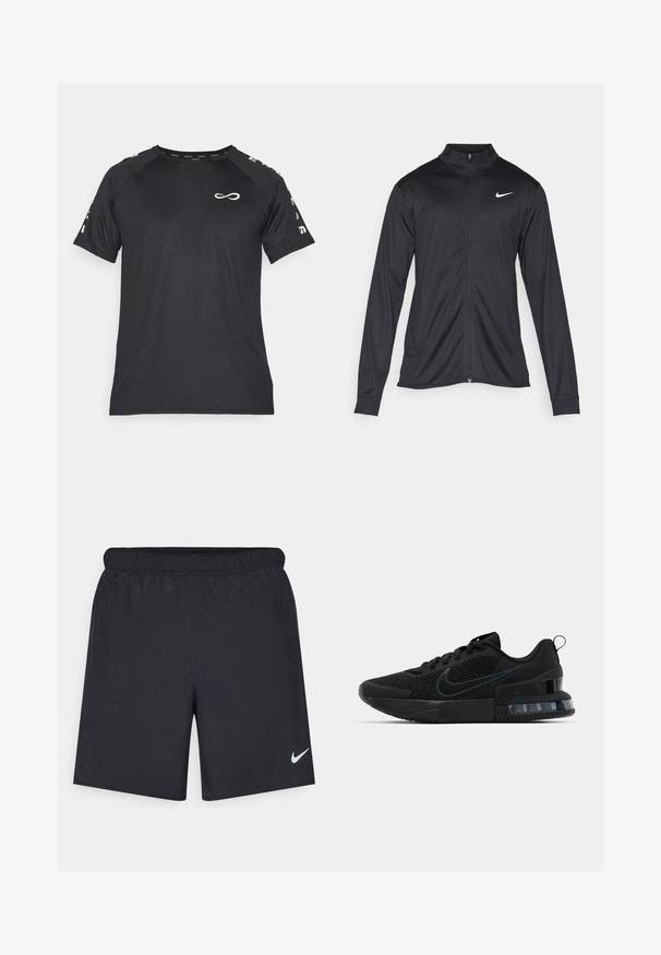 Μαύρο αθλητικό μπουφάν με μακριά μανίκια, γιακά και πλήρη φερμουάρ. Διαθέτει ένα διακριτικό λευκό λογότυπο της Nike στη πάνω αριστερή πλευρά του στήθους. Λείος υφασμάτινος χαρακτήρας.; Endless CAMISETA FEISTY ICONIC - Αθλητικό μπλουζάκι - black; Μαύρες αθλητικές βερμούδες από ελαφρύ υλικό με ελαστική μέση. Διαθέτουν ένα μικρό λευκό λογότυπο Nike στην κάτω αριστερή πλευρά.; Μαύρα αθλητικά παπούτσια Nike με πάνω μέρος από διχτυωτό υλικό, υφή στη σόλα και εμφανή μονάδα αέρα στη φτέρνα. Διακοσμητικά και λογότυπο σε πιο σκούρο μαύρο χρώμα.