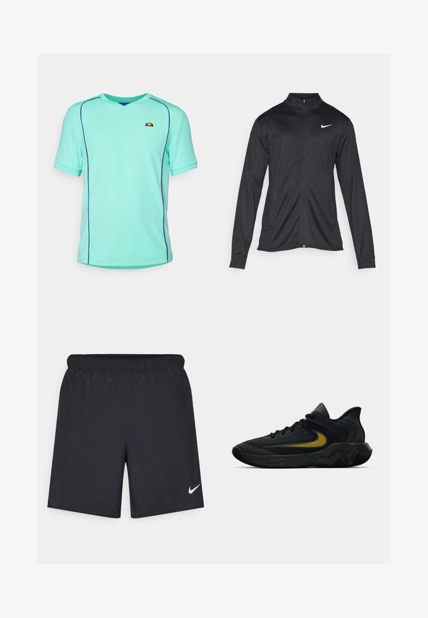 Musta urheilutakki pitkillä hihoilla, kauluksella ja kokonaisella vetoketjulla. Täydentää hienovarainen Nike-logo valkoisena vasemmassa ylärinnassa. Litteä pinta.; Turkoosi lyhythihainen urheilu paita v-kaula-aukolla. Ominaisuuksiin kuuluu kontrastiväriset siniset ompeleet ja pieni logo rinnassa. Teksturoitu kangas.; Mustat urheilushortsit, jotka on valmistettu kevyestä materiaalista ja joissa on joustava vyötärö. Alareunassa vasemmalla puolella on pieni valkoinen Nike-logo.; Musta ja tummanharmaa urheilukenkä mustilla nauhoilla ja kultaisella swoosh-logolla, jossa on aaltoileva pohjakuvio ja pehmustettu kantapään kaulus.
