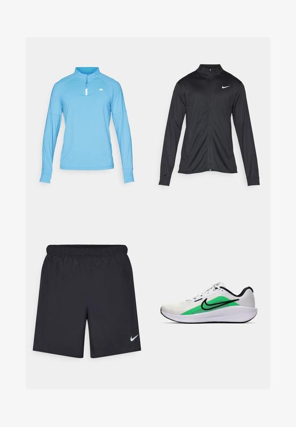 Jacket desportivo preto com mangas longas, colarinho e fecho zip completo. Apresenta um discreto logotipo da Nike em branco na parte superior do lado esquerdo do peito. Textura suave.; Top de manga longa azul claro com colarinho de meia zip, feito de um tecido suave. Apresenta mangas raglan e um pequeno logotipo no peito.; Calças de desporto pretas feitas de material leve com uma cintura elástica. Apresenta um pequeno logótipo branco da Nike no canto inferior esquerdo.; Shoe desportivo branco com um destaque verde, logótipo preto, parte superior em malha, sola almofadada e um salto arredondado. Apresenta atacadores e detalhes em contraste.