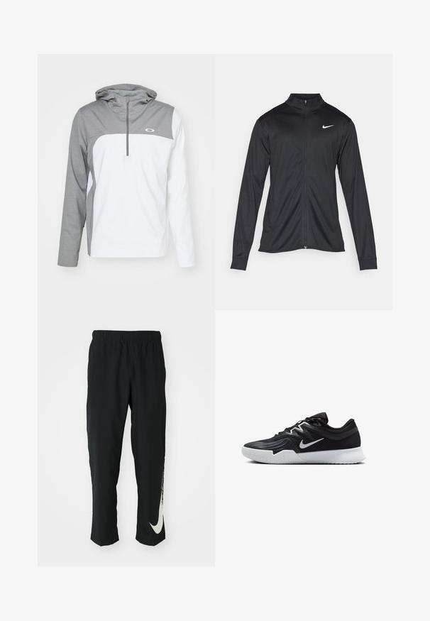 Crna sportska jakna s dugim rukavima, ovratnikom i punim patentnim zatvaračem. Ima suptilan Nike logo u bijeloj boji na gornjem lijevom dijelu prsne oznake. Glatka tekstura.; Lagani pulover siva jakna s gornjim dijelom u sivoj boji, donjim dijelom u bijeloj boji i patentnim zatvaračem na ovratniku. Sadrži kapuljaču i logotip na prsima.; Crne sportske hlače s elastičnim pojasom, suženi dizajn, sa velikim bijelim Nike logotipom na lijevoj nozi. Mekana, lagana tkanina.; Crna sportska cipela s teksturiranim gornjim dijelom, bijelim Nike swooshom i bijelim gumennim potplatom. Ima dizajn s vezanjem i dinamičan oblik.