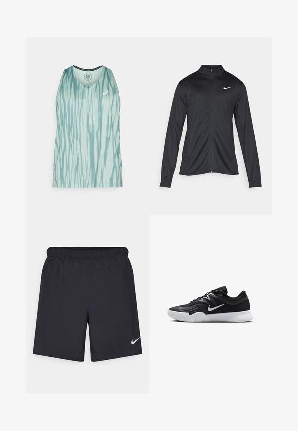 Must värvi sportlik jakk pikkade varrukatega, krae ja täispikk tõmblukk. Ülemises vasakus rinnas on diskreetne valge Nike logo. Sile tekstuur.; Helehall tank top, millel on vertikaalsed triibulised tie-dye mustrid, ümmargune kaelus ja logo aktsent. Valmistatud hingavast kangast.; Mustad mustikud lühikesed püksid, mis on valmistatud kergest materjalist ja millel on elastne vöökoht. Alumisel vasakul küljel on väike valge Nike logo.; Must mustad jalanikesad rikaste ülaservaga, valge Nike swoosh'i ja valge kummist välispõhjaga. Omab paeltega sulgemisdetaili ja dünaamilist kuju.