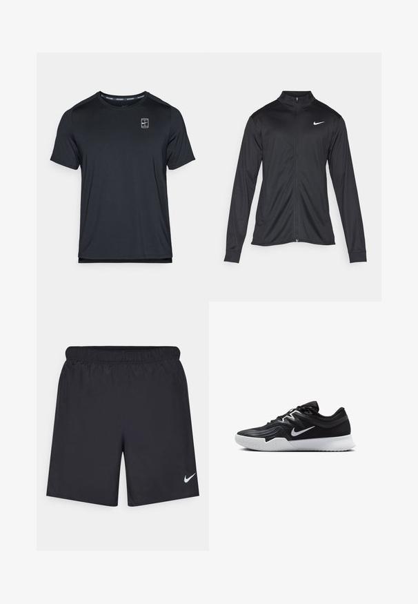 Černá sportovní bunda s dlouhými rukávy, límcem a plným zipem. Má decentní bílou logo značky Nike na horní levé části hrudi. Hladká textura.; Černé krátké sportovní tričko s krátkým rukávem, vyrobené z hladkého materiálu, s malým logem na hrudi a kulatým výstřihem.; Černé sportovní šortky vyrobené z lehkého materiálu s elastickým pasem. Na spodní levé straně mají malé bílé logo Nike.; Černá atletická bota s texturovaným svrškem, bílým logem Nike a bílou gumovou podrážkou. Disponuje šněrovacím designem a dynamickým tvarem.