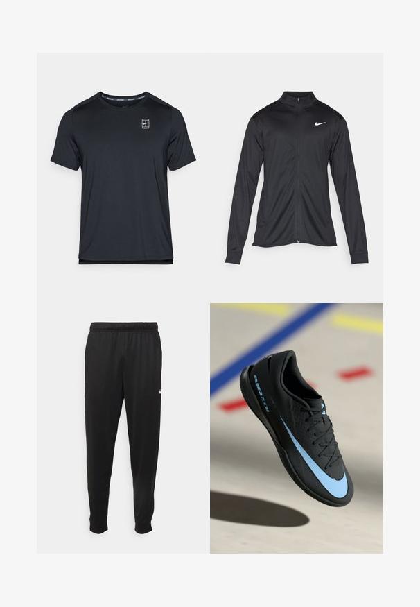 Chaqueta atlética negra con mangas largas, collar y cremallera completa. Presenta un sutil logo de Nike en blanco en la parte superior izquierda del pecho. Textura suave.; Camiseta atlética negra de manga corta, hecha de una tela suave, con un pequeño logo en el pecho y un cuello redondo.; Pantalones deportivos negros de tejido suave, con cintura elástica, perneras ajustadas y un pequeño logotipo blanco en el lado izquierdo.; Zapatilla deportiva negra con detalles azules, superficie texturizada, diseño de cordones y el logo distintivo de Nike. Suela de goma con patrones de agarre.