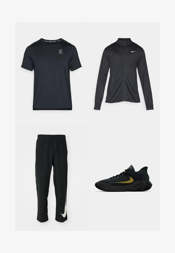 Jacket desportivo preto com mangas longas, colarinho e fecho zip completo. Apresenta um discreto logotipo da Nike em branco na parte superior do lado esquerdo do peito. Textura suave.; Camiseta atlética preta de manga curta, feita de um tecido suave, com um pequeno logotipo no peito e um decote redondo.; Calças atléticas pretas com cintura elástica, design afunilado, apresentando um grande logótipo branco da Nike na perna esquerda. Tecido macio e leve.; Tênis atlético preto e cinza escuro com cadarços pretos e logotipo swoosh dourado, apresentando um design de sola ondulada e colarinho acolchoado no calcanhar.