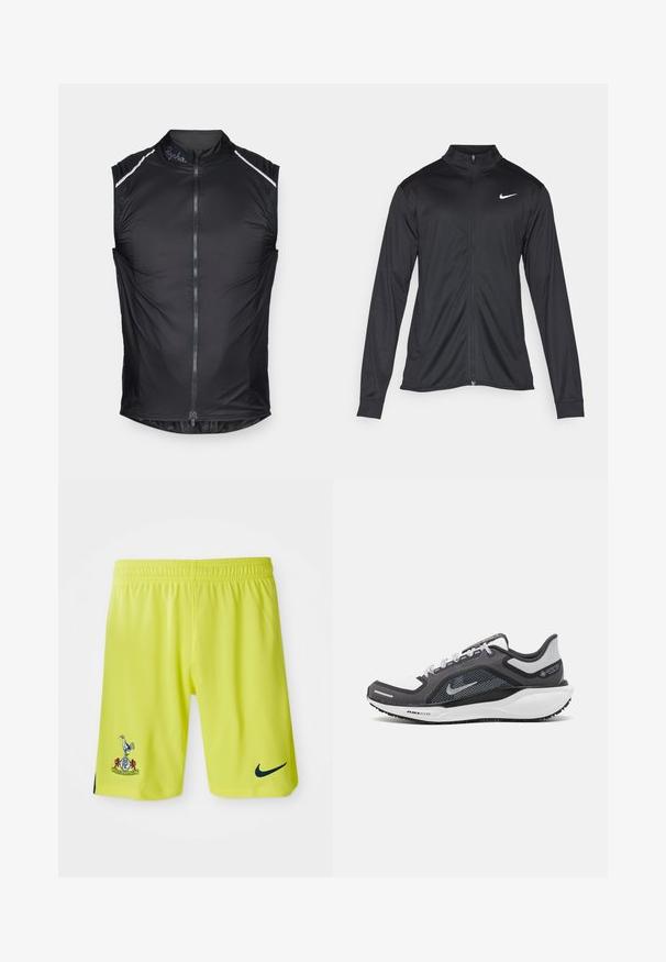 Sort atletisk jakke med lange ærmer, krave og fuld lynlås. Har et diskret Nike-logo i hvidt på den øverste venstre side af brystet. Glat tekstur.; Sort ærmeløs cykelvest med frontlynlås, refleks accenter på skuldrene og letvægtsstof for åndbarhed.; Neon gul Nike shorts med elastisk talje, med et blåt logo på venstre ben og klubemblem på højre, mesh tekstur.; Sort og grå atletisk sko med en mesh-overdel, reflekterende detaljer og en hvid mellemsål. Har en tekstureret gummisål og snørebånd.