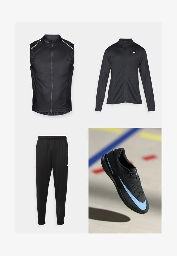 Jachetă sportivă neagră cu mâneci lungi, guler și fermoar complet. Prezintă un logo Nike subtil, alb, pe pieptul din stânga sus. Textură netedă.; Vesta de ciclism neagră fără mâneci, cu fermoar frontal, accente reflective pe umeri și țesătură ușoară pentru respirabilitate.; Pantaloni sportivi negri dintr-o țesătură netedă, cu un elastic la brâu, picioare conice și un mic logo alb pe partea stângă.; Pantof de sport negru cu accente albastre, suprafață texturată, design cu șireturi și logo-ul distinctiv Nike. Talpă din cauciuc cu modele de aderență.