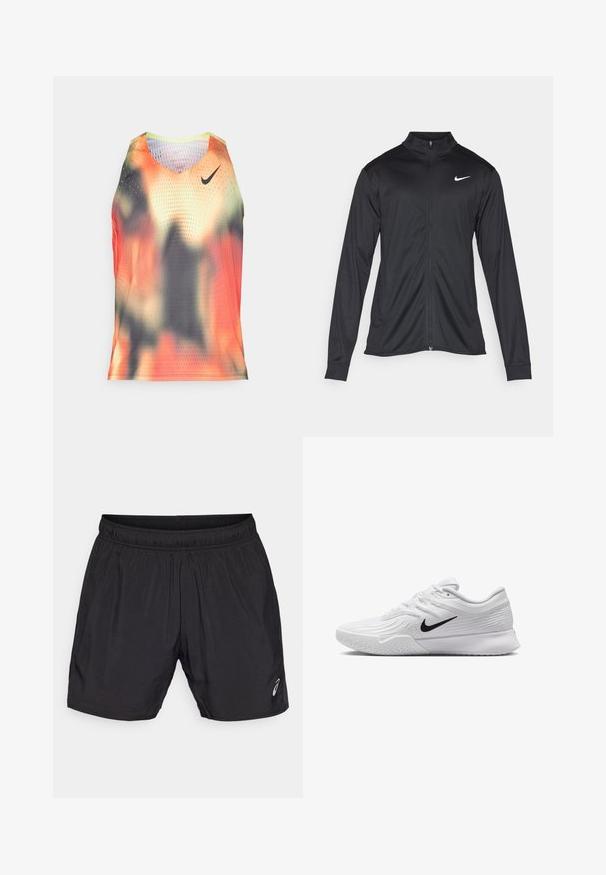 Black athletic jacket with long sleeves, collar, and full zipper. Features a subtle Nike logo in white on the upper left chest. Smooth texture.; Men's sleeveless shirt, lightweight mesh fabric in orange, black, and gray abstract pattern; features Nike logo and perforated texture.; Black athletic shorts made from lightweight material, featuring an elastic waistband and a small logo on the lower left side.; White athletic shoe with textured mesh upper, black Nike swoosh, padded collar, and rubber outsole with a tread pattern.