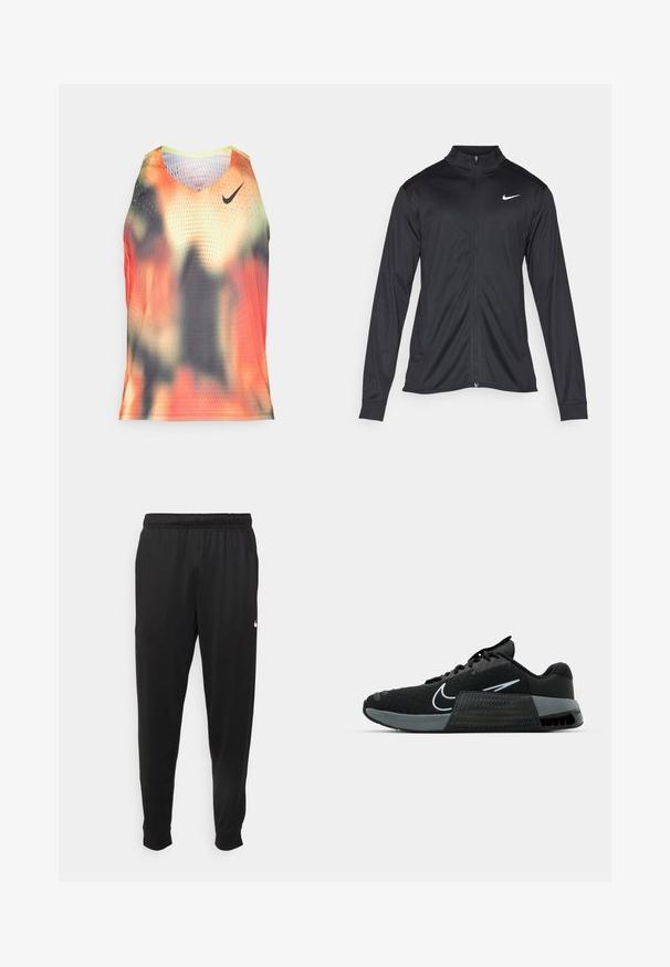 Musta urheilutakki pitkillä hihoilla, kauluksella ja kokonaisella vetoketjulla. Täydentää hienovarainen Nike-logo valkoisena vasemmassa ylärinnassa. Litteä pinta.; Miesten hihaton paita, kevyt verkkokangas oranssissa, mustassa ja harmaassa abstraktissa kuviotuksessa; sisältää Nike-logon ja reikiä muodostavan tekstuurin.; Mustat urheiluhousut, jotka on valmistettu sileästä kankaasta. Niissä on joustava vyötärö, kapenevat lahkeet ja pieni valkoinen logo vasemmalla puolella.; Musta urheilukenkä, jossa on verkkoyläosa, harmaat yksityiskohdat ja teksturoitu välikerros. Varustettu huomattavalla logolla ja nyörityksellä. Kumipohja tarjoaa pitoa.