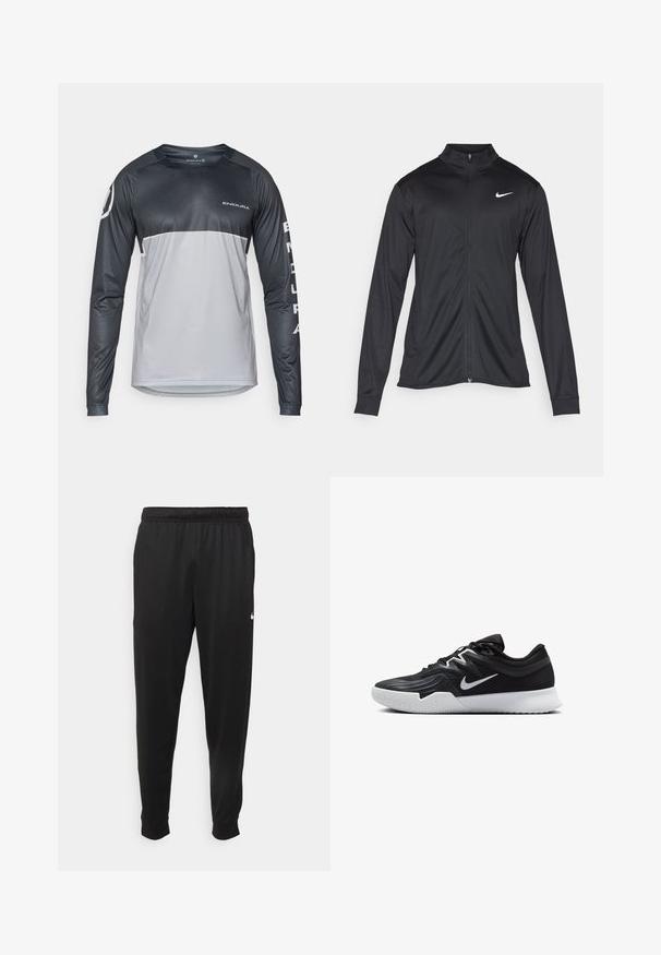 Black athletic jacket with long sleeves, collar, and full zipper. Features a subtle Nike logo in white on the upper left chest. Smooth texture.; Long-sleeve cycling jersey in black and gray, featuring a round neckline, smooth texture, and logo accents on the chest and sleeve.; Black athletic pants made of smooth fabric, featuring an elastic waistband, tapered legs, and a small white logo on the left side.; Black athletic shoe with a textured upper, white Nike swoosh, and a white rubber outsole. Features a lace-up design and dynamic shape.