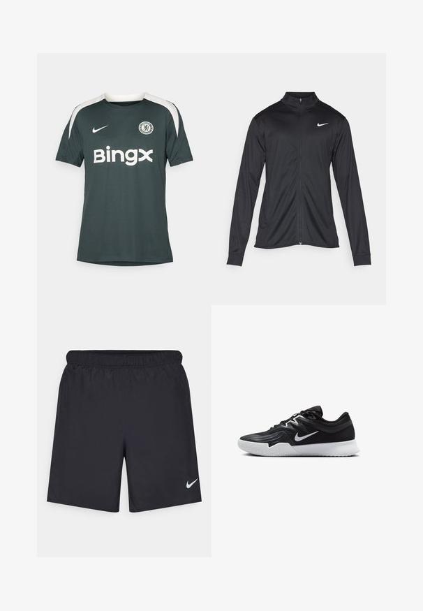 Veste de sport noire à manches longues, avec col et fermeture éclair intégrale. Présente un logo Nike subtil en blanc sur le côté supérieur gauche de la poitrine. Texture lisse.; Maillot de football vert foncé en matériau respirant, avec des accents blancs sur les épaules, un logo circulaire de Chelsea et un logo "Bingx" en blanc.; Shorts de sport noirs en matériau léger avec une taille élastique. Présente un petit logo Nike blanc sur le bas du côté gauche.; Chaussure de sport noire avec une tige texturée, un swoosh blanc de Nike et une semelle extérieure en caoutchouc blanc. Elle présente un design à lacets et une forme dynamique.